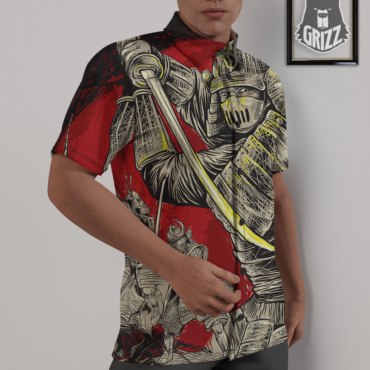 Samurai Red Moon Print Untucked Shirts-grizzshop