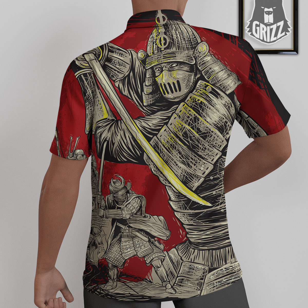 Samurai Red Moon Print Untucked Shirts-grizzshop