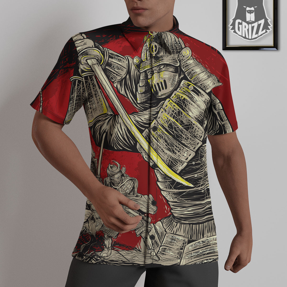 Samurai Red Moon Print Untucked Shirts-grizzshop
