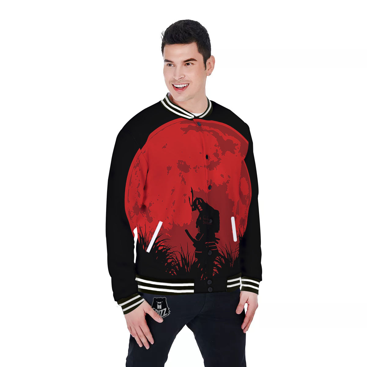 Samurai Red Sun Print Baseball Jacket-grizzshop