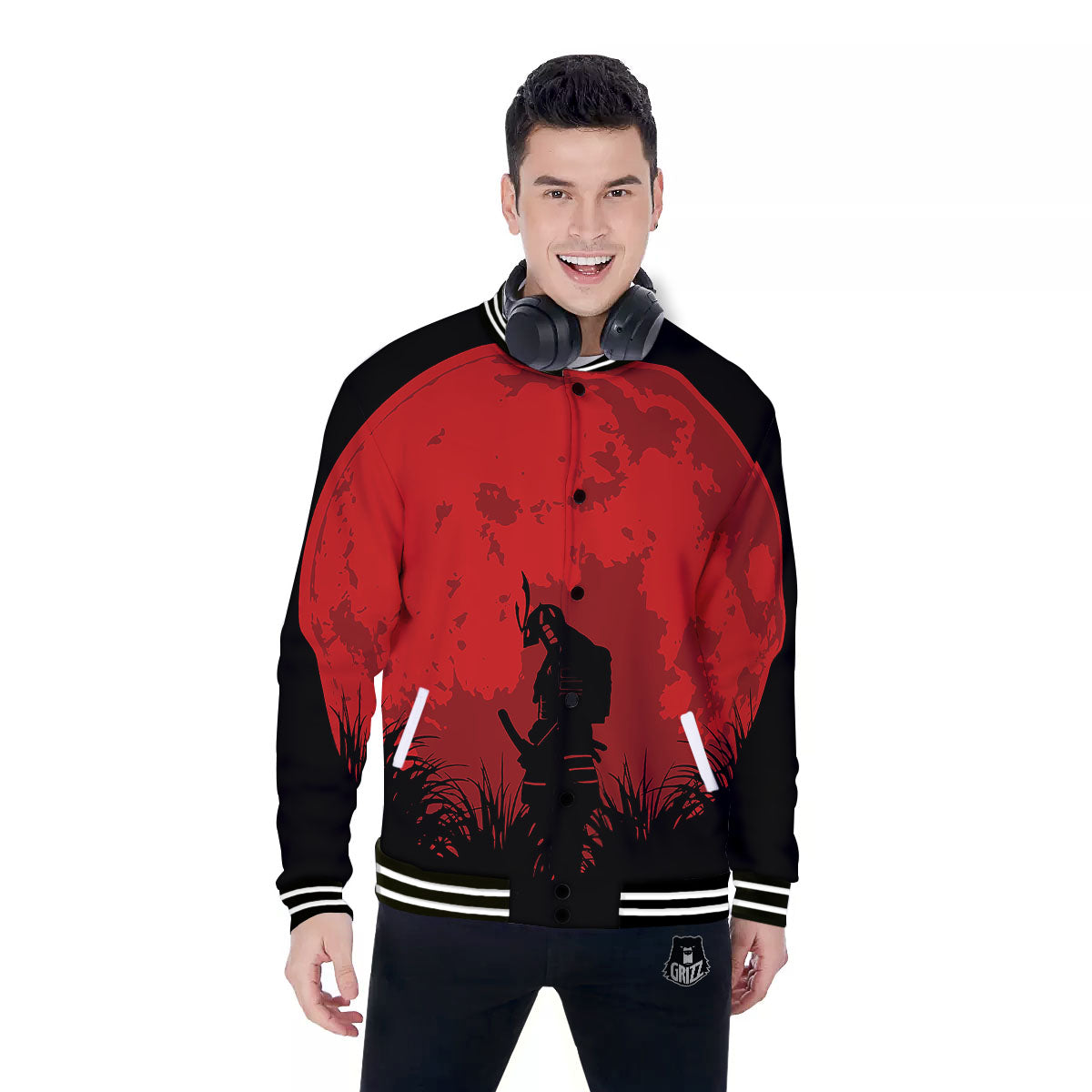 Samurai Red Sun Print Baseball Jacket-grizzshop