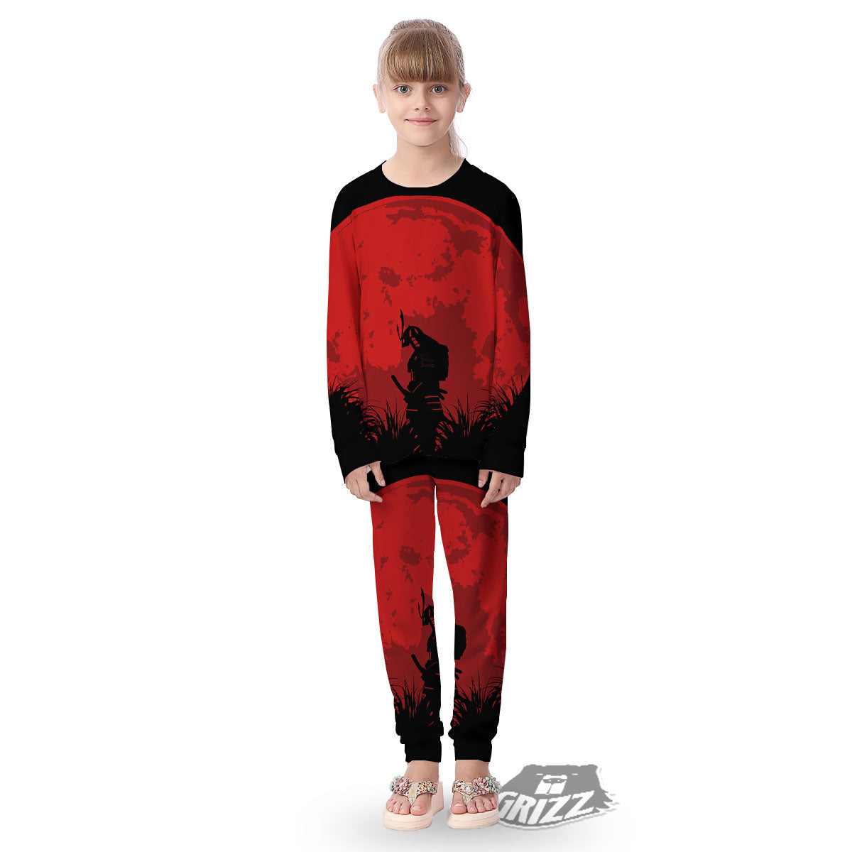 Samurai Red Sun Print Kid's Pajamas-grizzshop