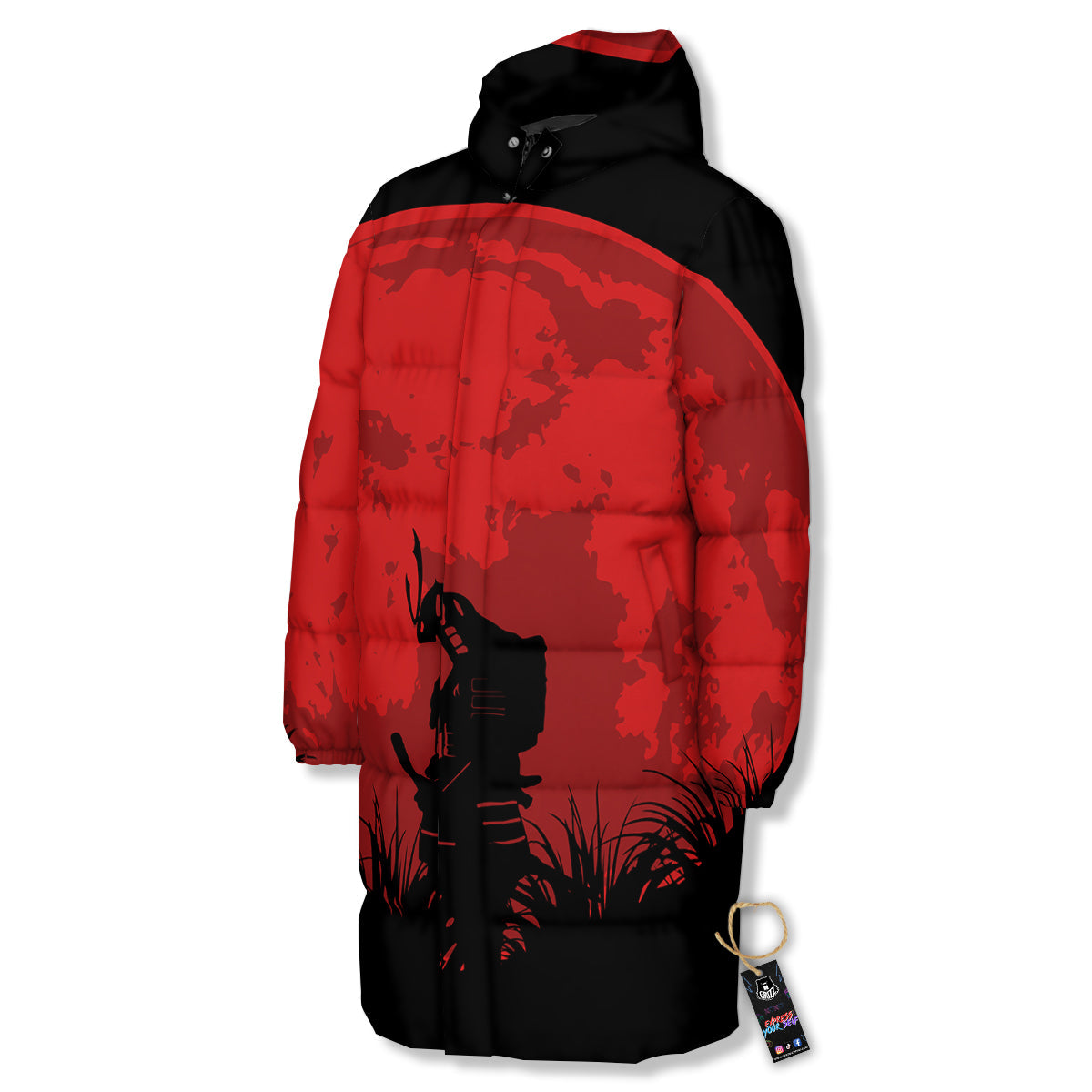 Samurai Red Sun Print Long Down Jacket-grizzshop