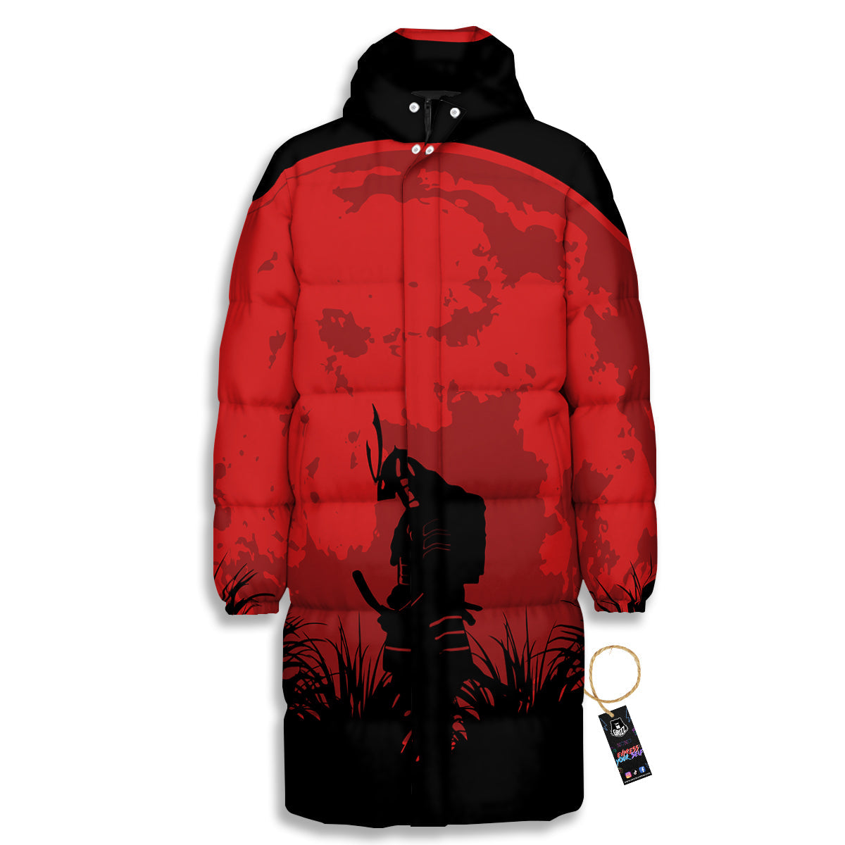 Samurai Red Sun Print Long Down Jacket-grizzshop