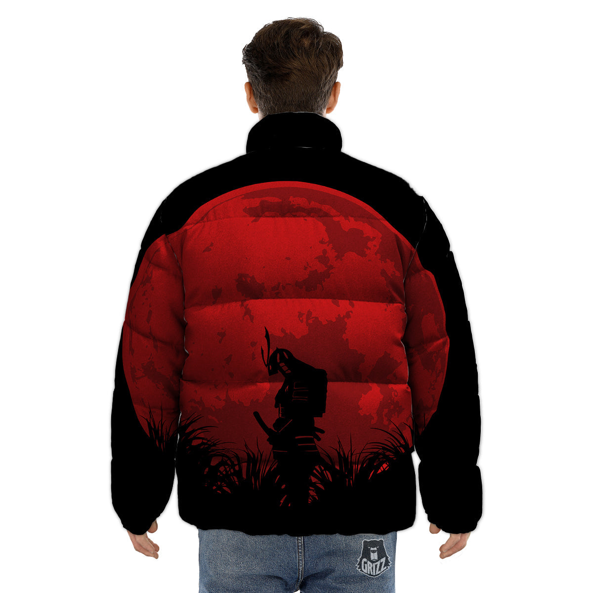 Samurai Red Sun Print Puffer Jacket-grizzshop