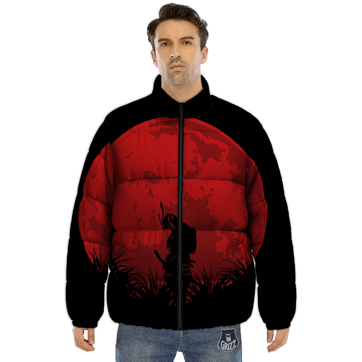 Samurai Red Sun Print Puffer Jacket-grizzshop