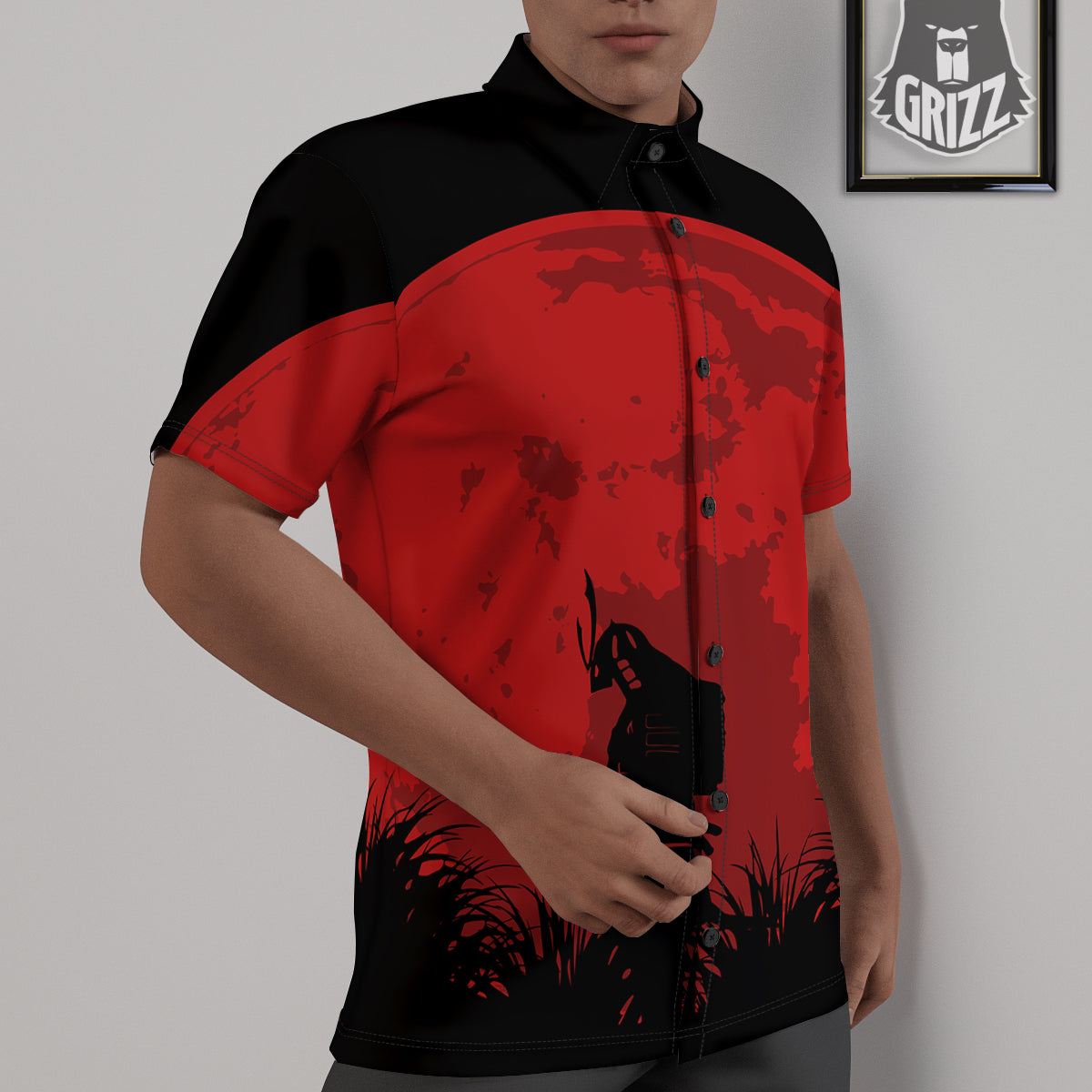 Samurai Red Sun Print Untucked Shirts-grizzshop