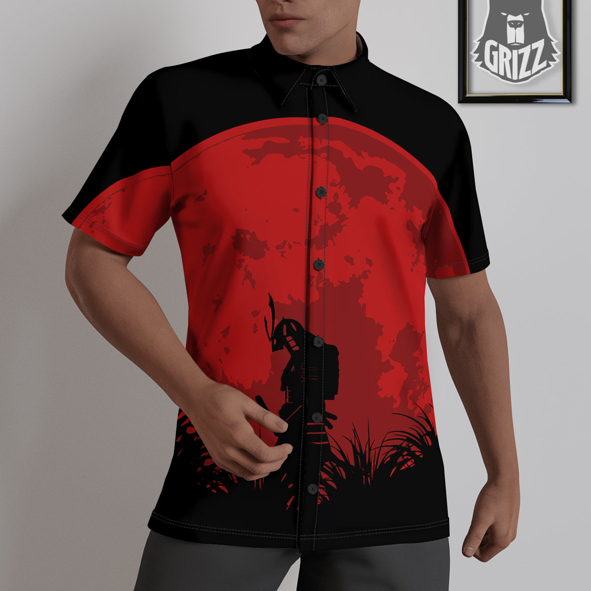 Samurai Red Sun Print Untucked Shirts-grizzshop