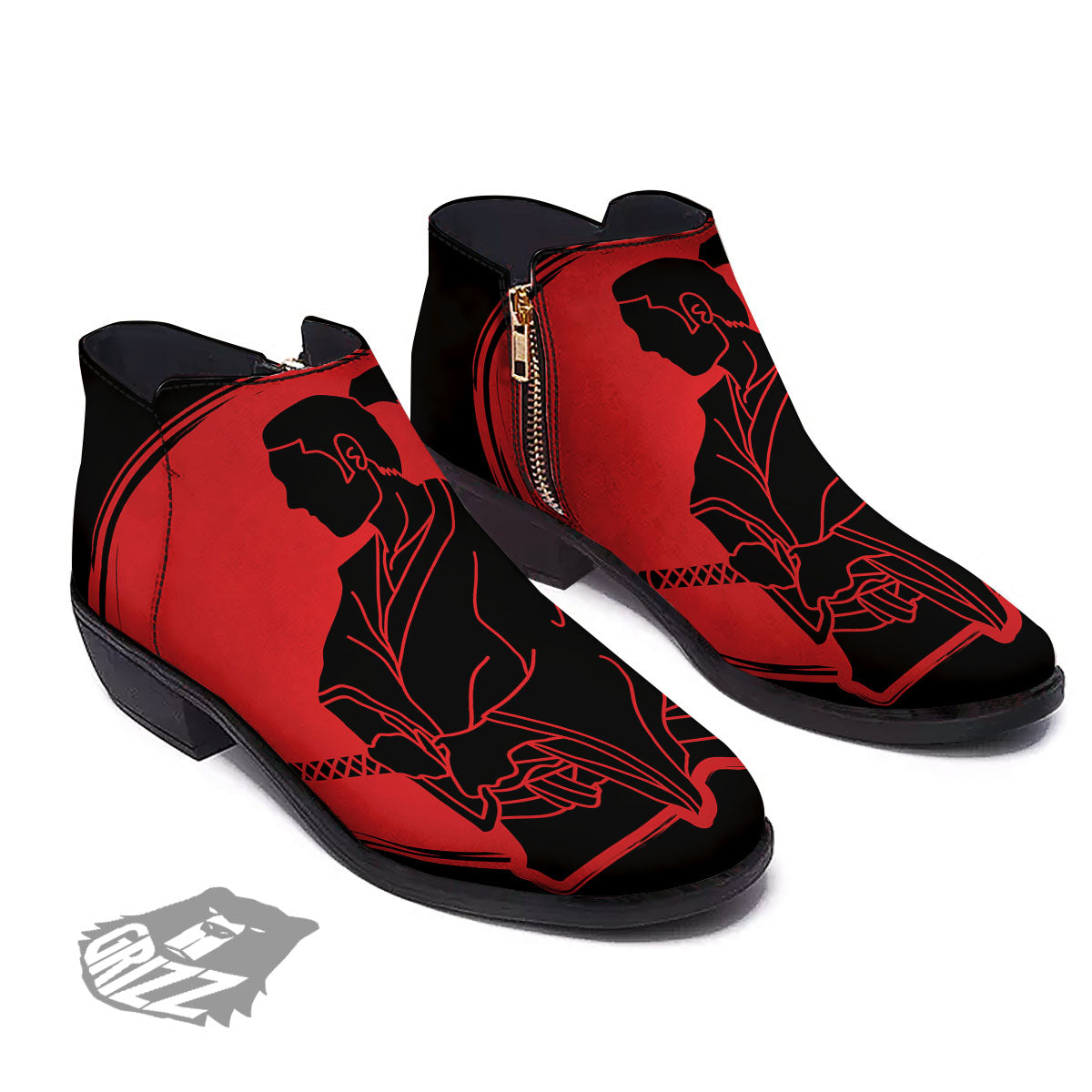 Samurai Red Sunset Print Ankle Boots-grizzshop