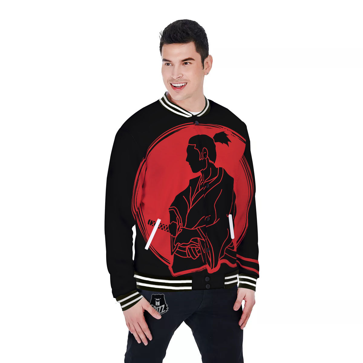 Samurai Red Sunset Print Baseball Jacket-grizzshop