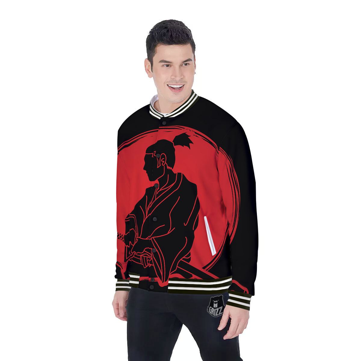 Samurai Red Sunset Print Baseball Jacket-grizzshop