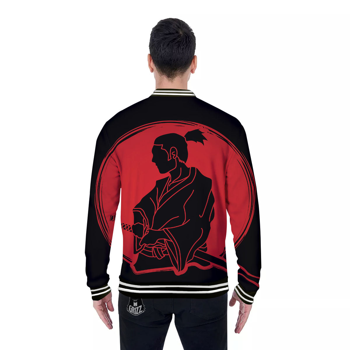 Samurai Red Sunset Print Baseball Jacket-grizzshop