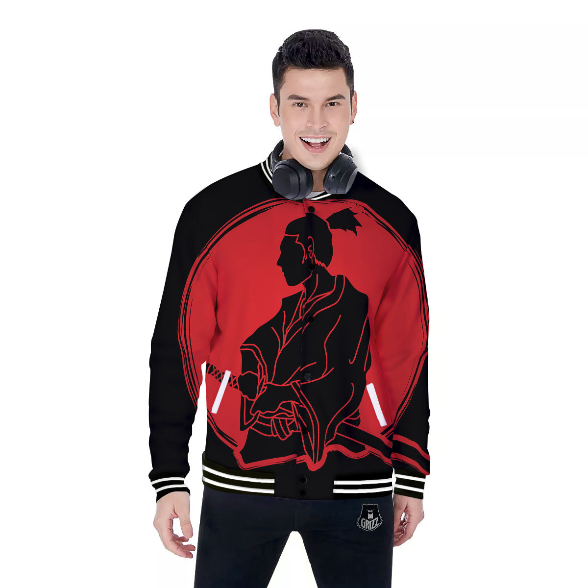 Samurai Red Sunset Print Baseball Jacket-grizzshop