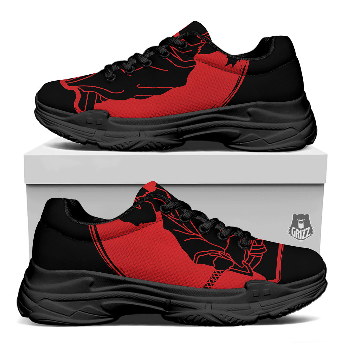 Samurai Red Sunset Print Black Chunky Shoes-grizzshop