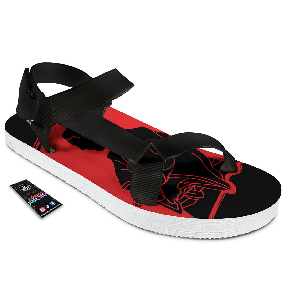 Samurai Red Sunset Print Black Open Toe Sandals-grizzshop