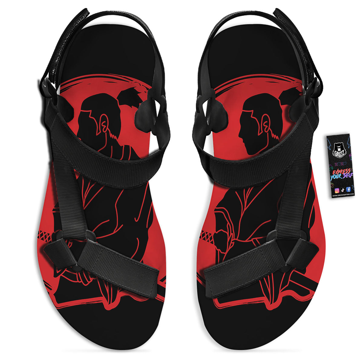 Samurai Red Sunset Print Black Open Toe Sandals-grizzshop