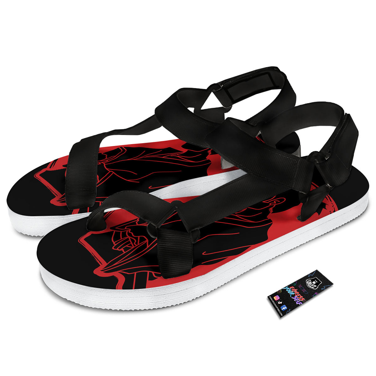 Samurai Red Sunset Print Black Open Toe Sandals-grizzshop