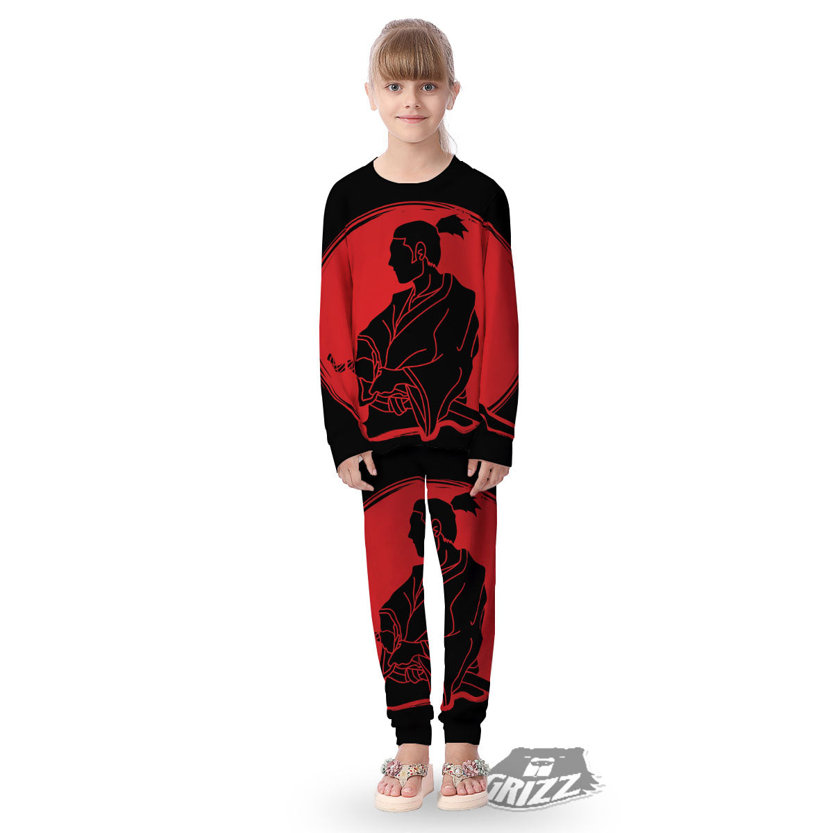 Samurai Red Sunset Print Kid's Pajamas-grizzshop