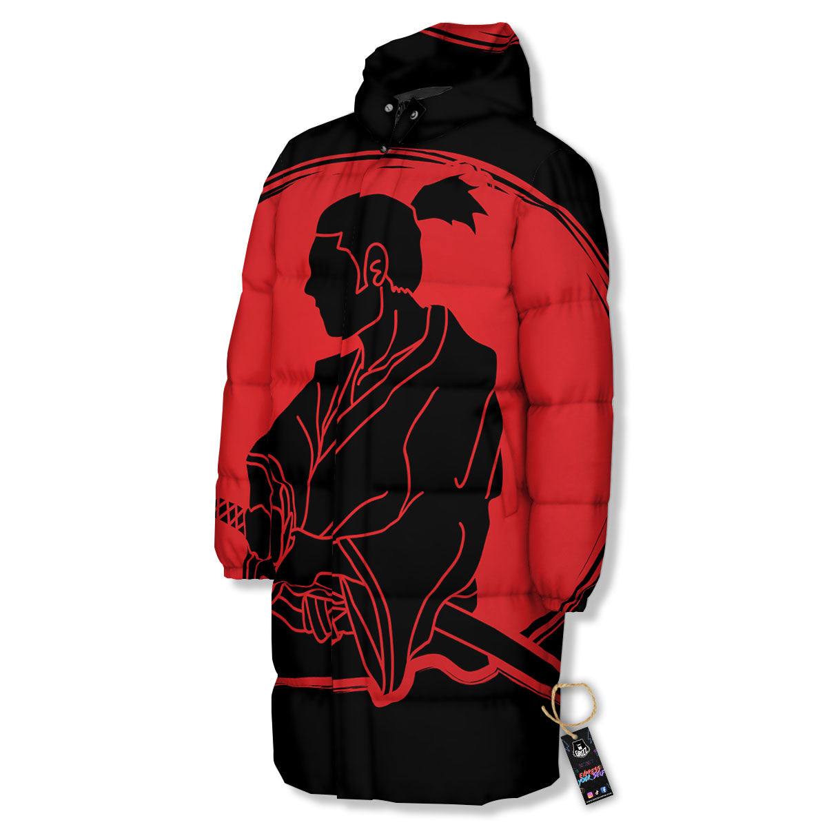 Samurai Red Sunset Print Long Down Jacket-grizzshop