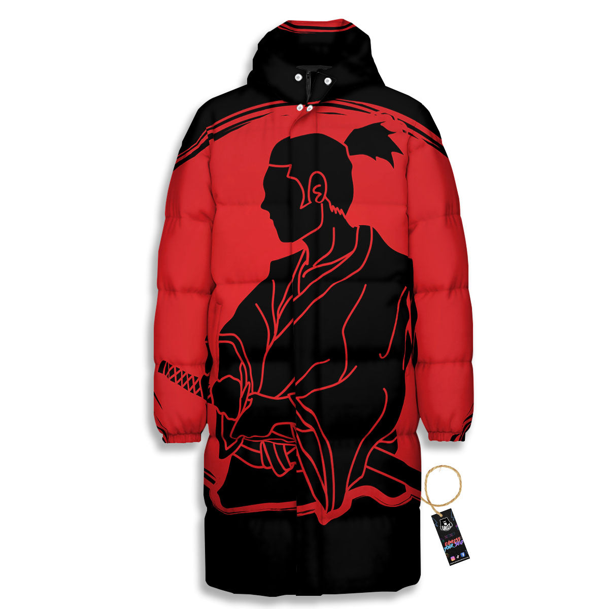 Samurai Red Sunset Print Long Down Jacket-grizzshop