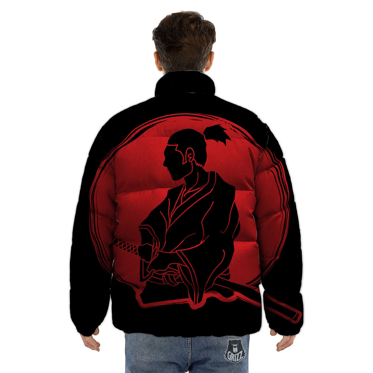 Samurai Red Sunset Print Puffer Jacket-grizzshop