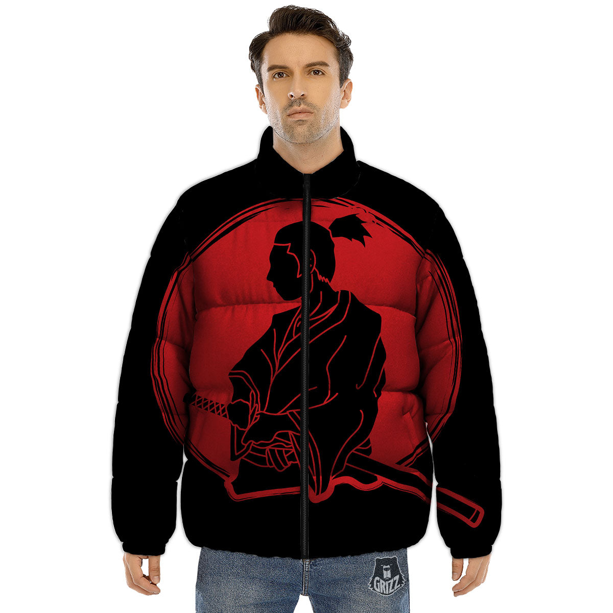 Samurai Red Sunset Print Puffer Jacket-grizzshop