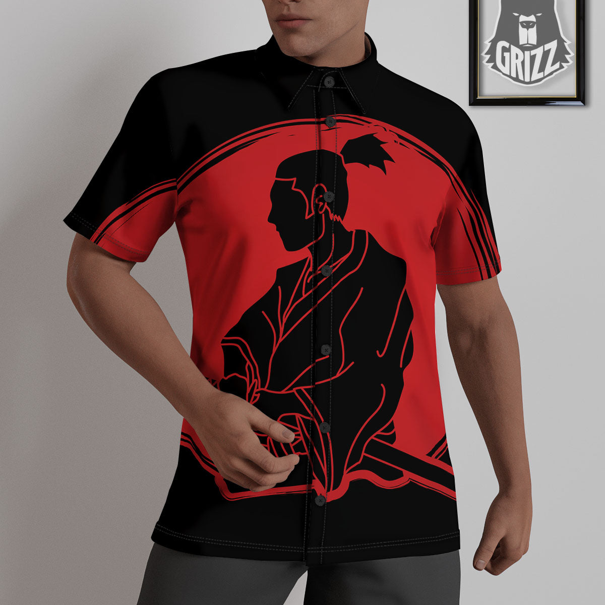 Samurai Red Sunset Print Untucked Shirts-grizzshop