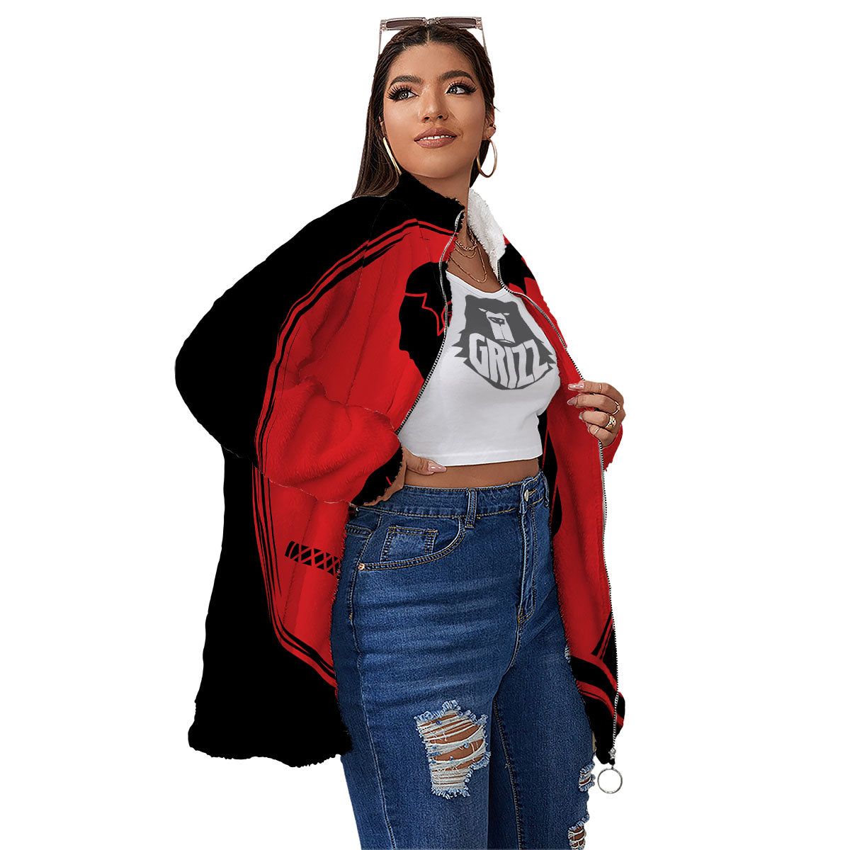 Samurai Red Sunset Print Women's Sherpa Jacket-grizzshop