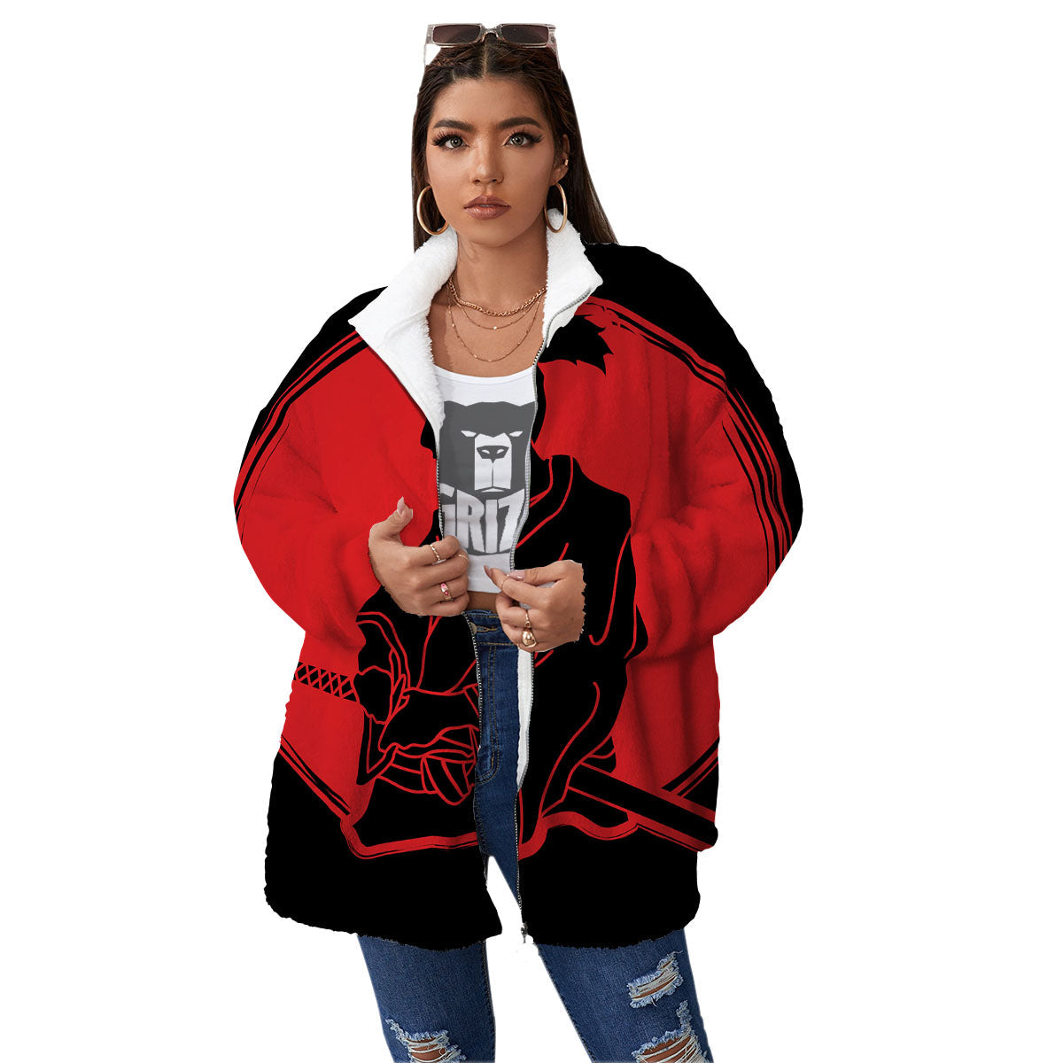 Samurai Red Sunset Print Women's Sherpa Jacket-grizzshop