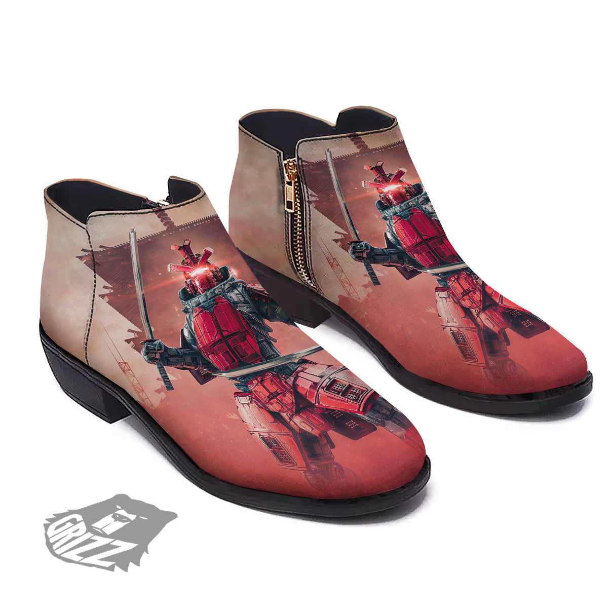 Samurai Robot Print Ankle Boots-grizzshop