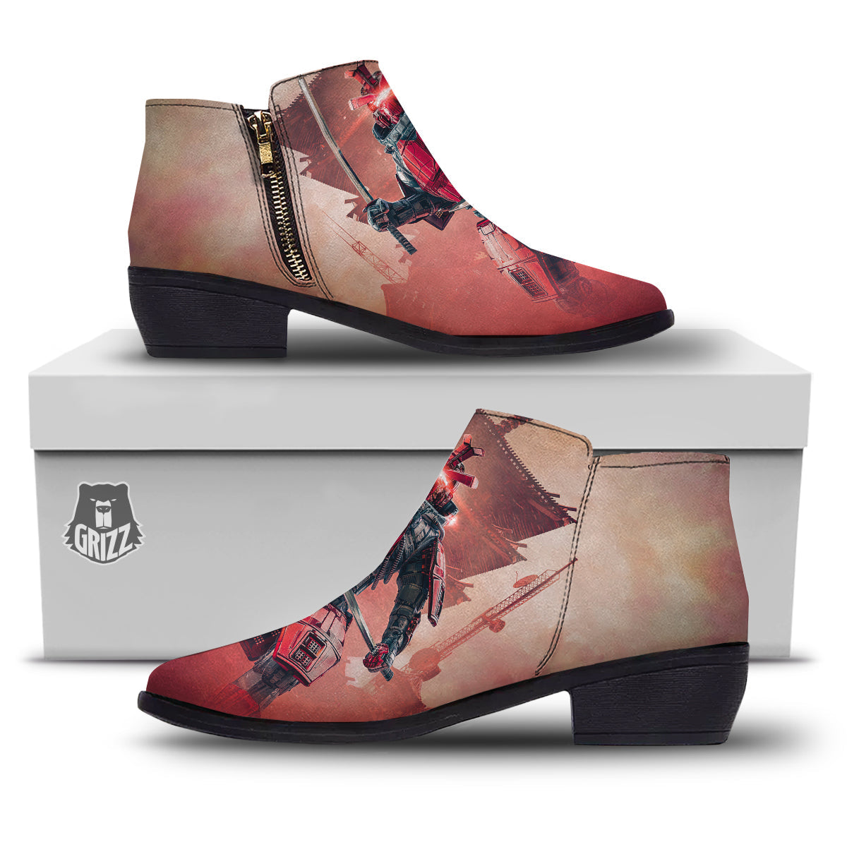 Samurai Robot Print Ankle Boots-grizzshop
