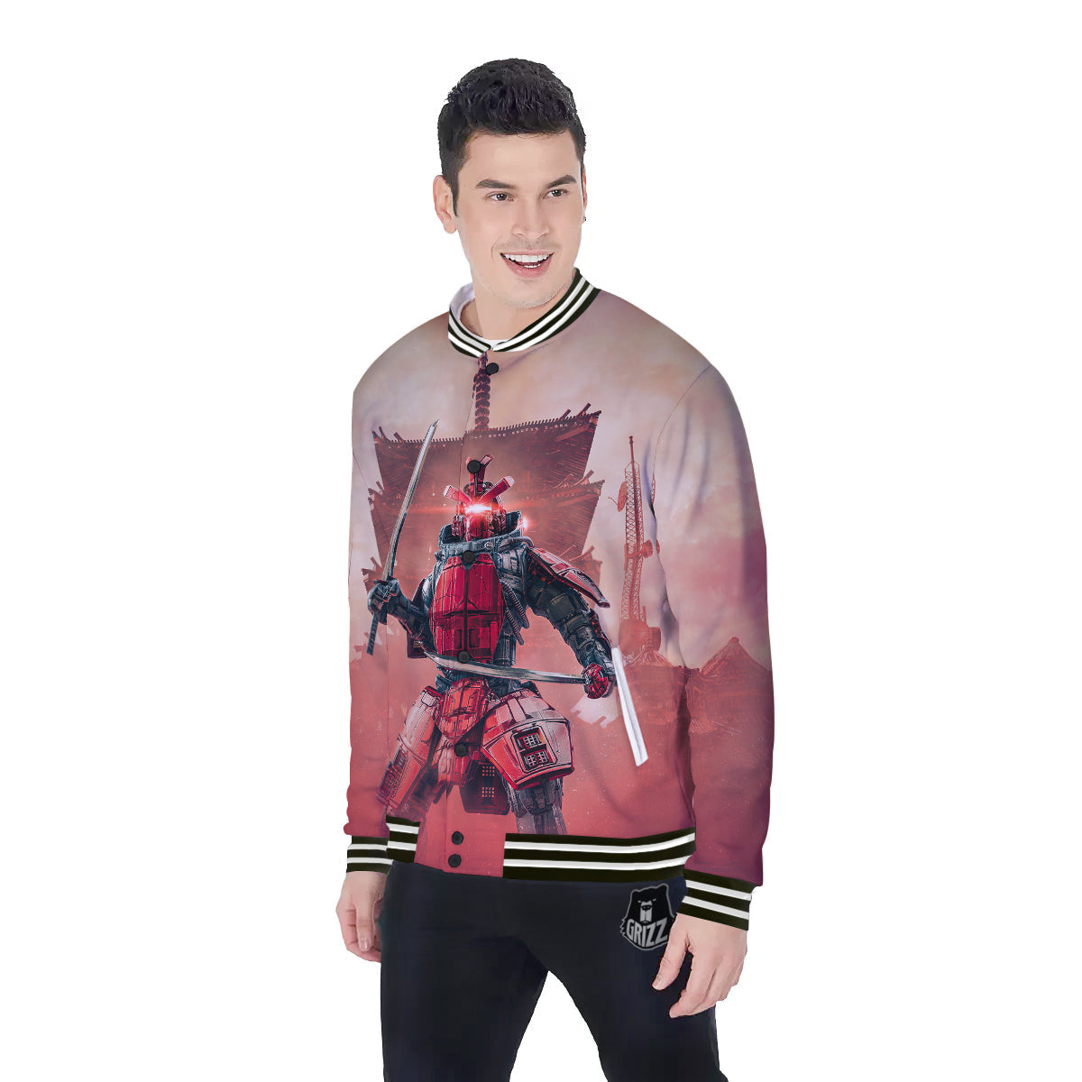Samurai Robot Print Baseball Jacket-grizzshop