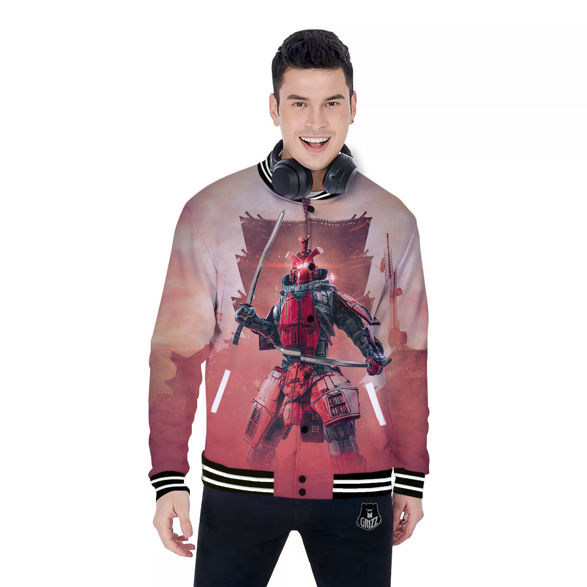 Samurai Robot Print Baseball Jacket-grizzshop
