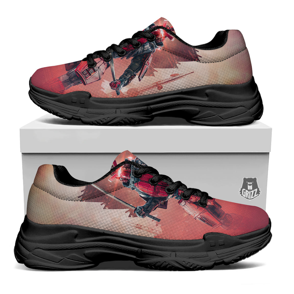 Samurai Robot Print Black Chunky Shoes-grizzshop