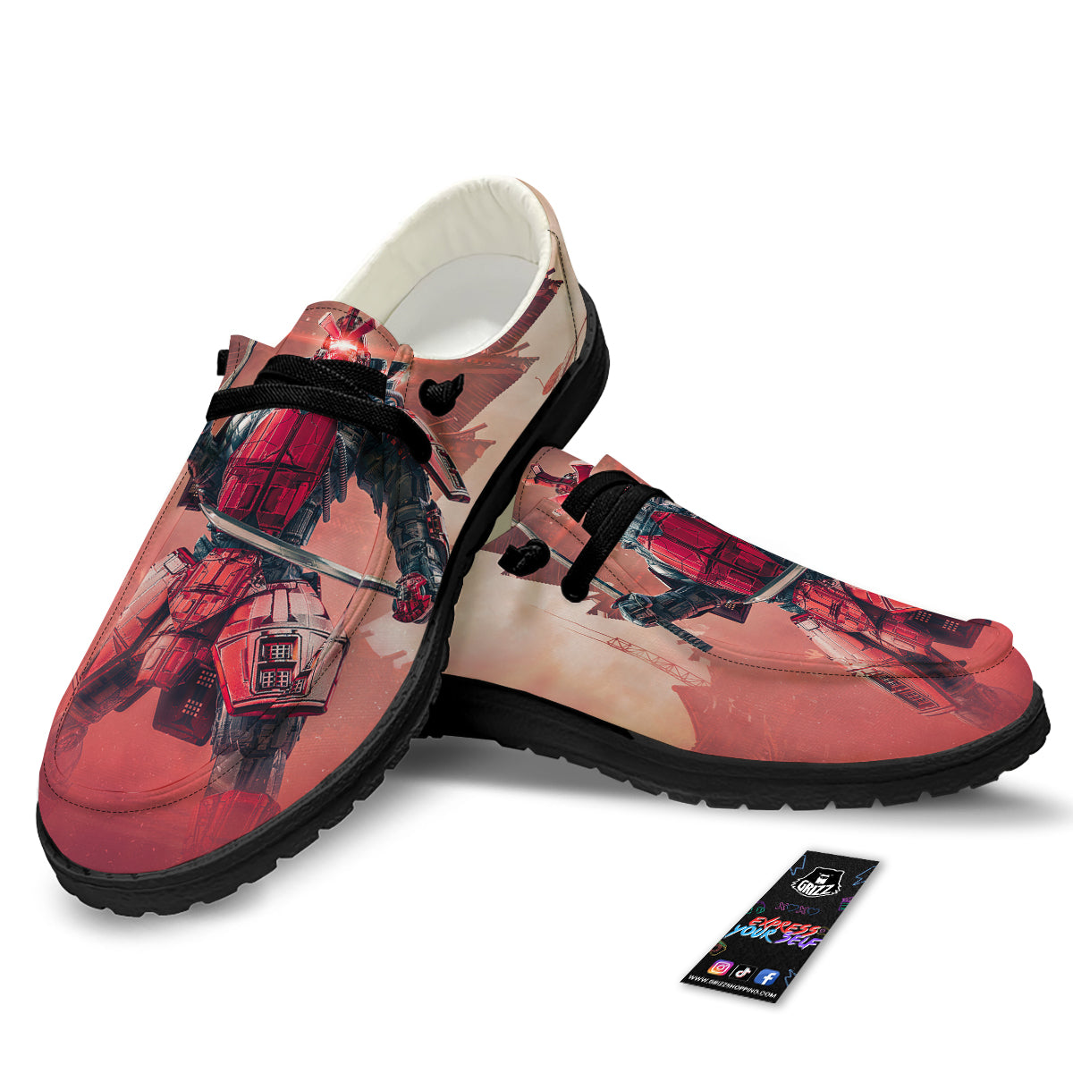 Samurai Robot Print Black Loafers-grizzshop