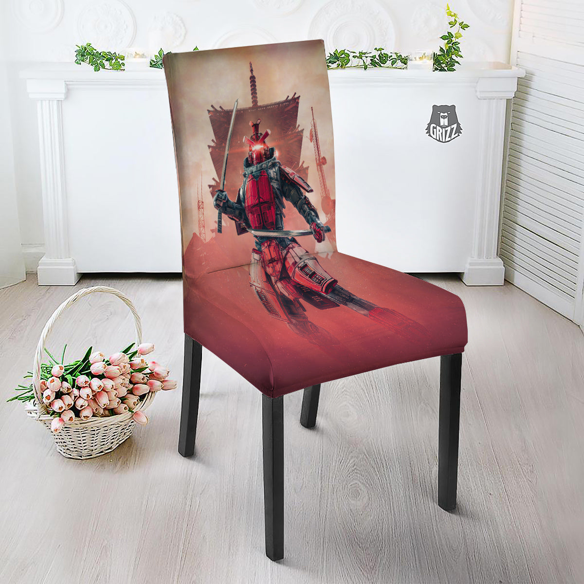 Samurai Robot Print Dining Chair Slipcover-grizzshop