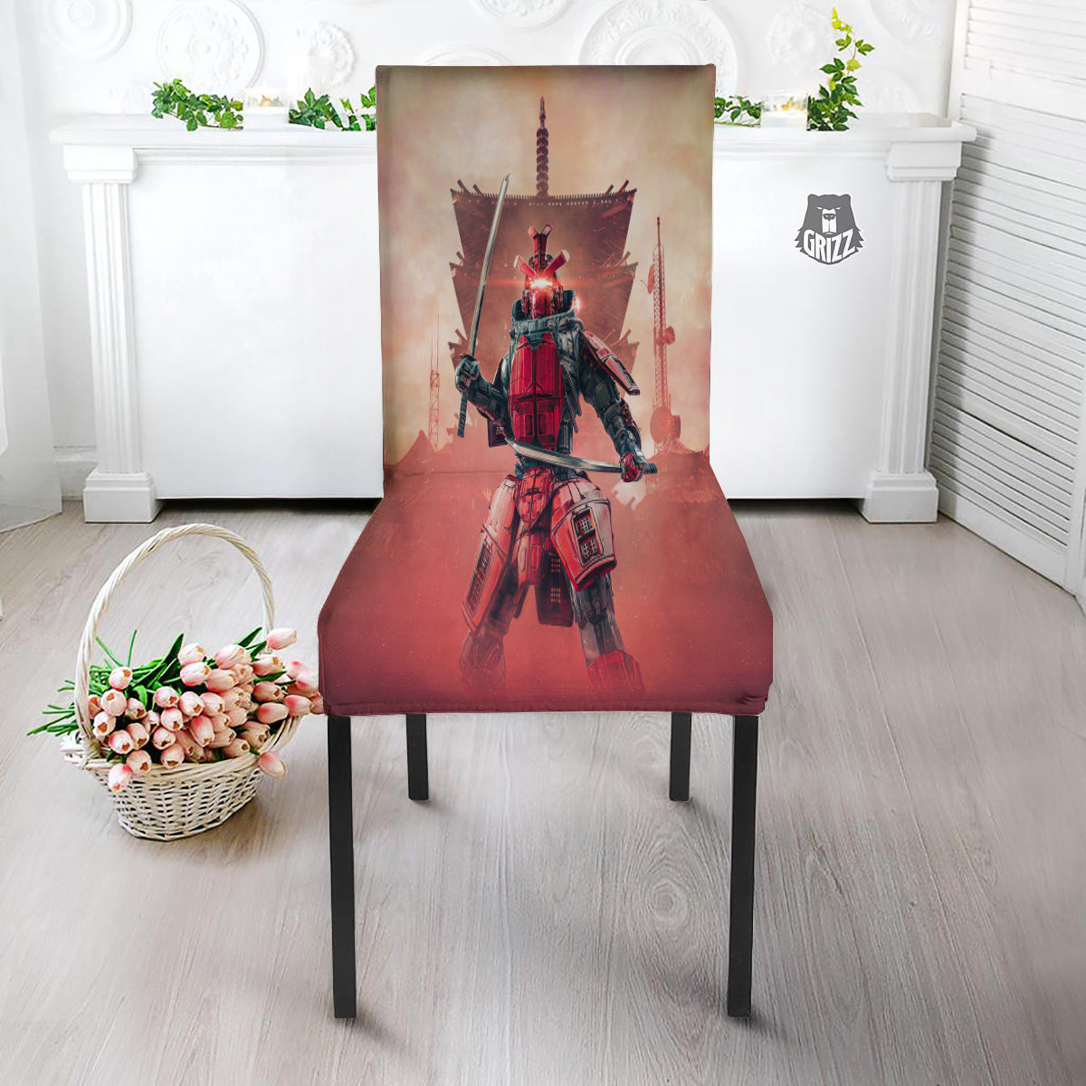Samurai Robot Print Dining Chair Slipcover-grizzshop