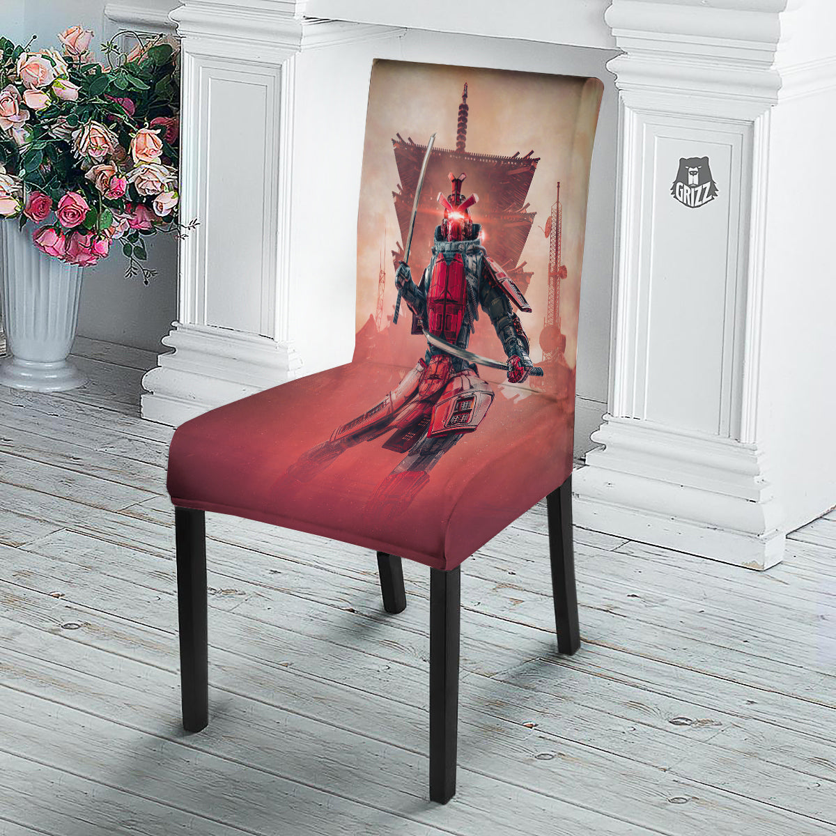 Samurai Robot Print Dining Chair Slipcover-grizzshop