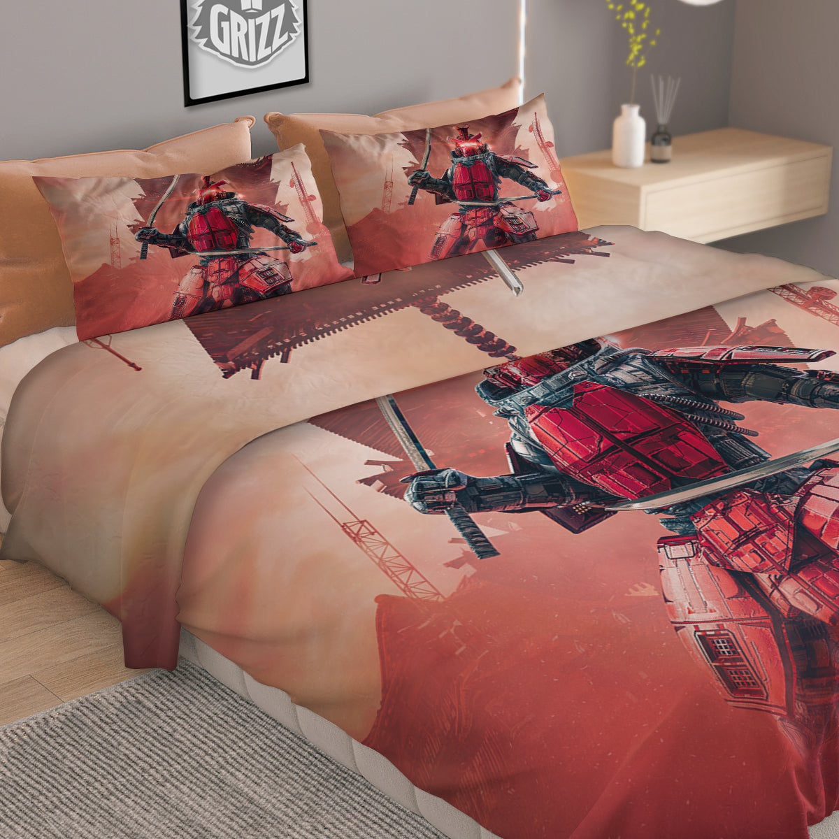Samurai Robot Print Duvet Cover Bedding Set