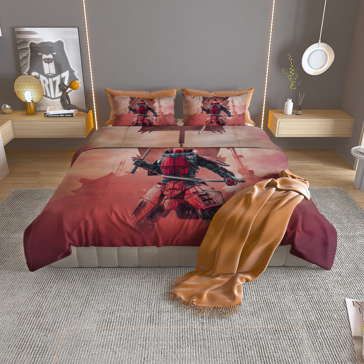 Samurai Robot Print Duvet Cover Bedding Set