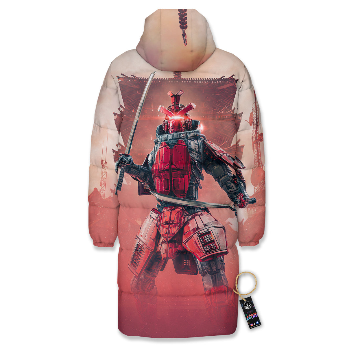 Samurai Robot Print Long Down Jacket-grizzshop