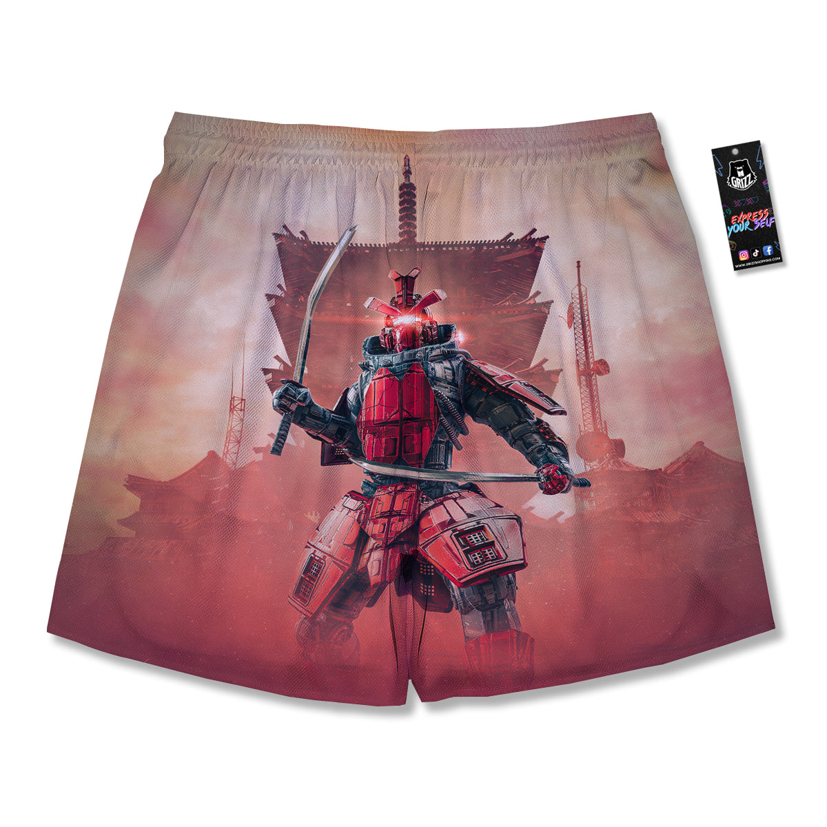 Samurai Robot Print Men's Running Shorts-grizzshop