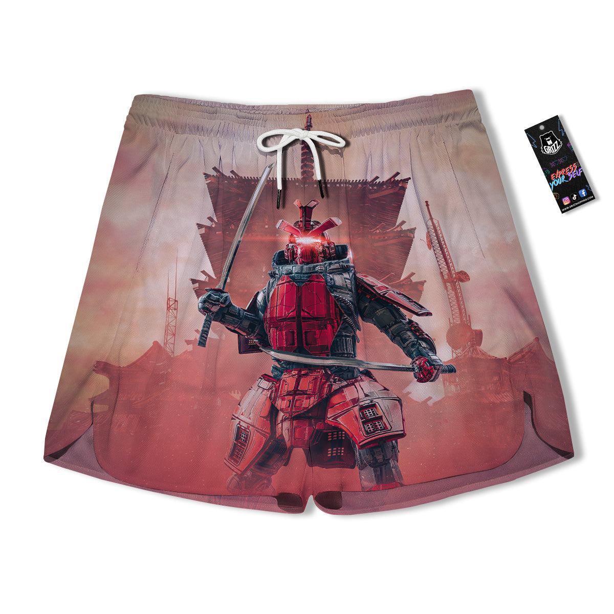 Samurai Robot Print Men's Running Shorts-grizzshop