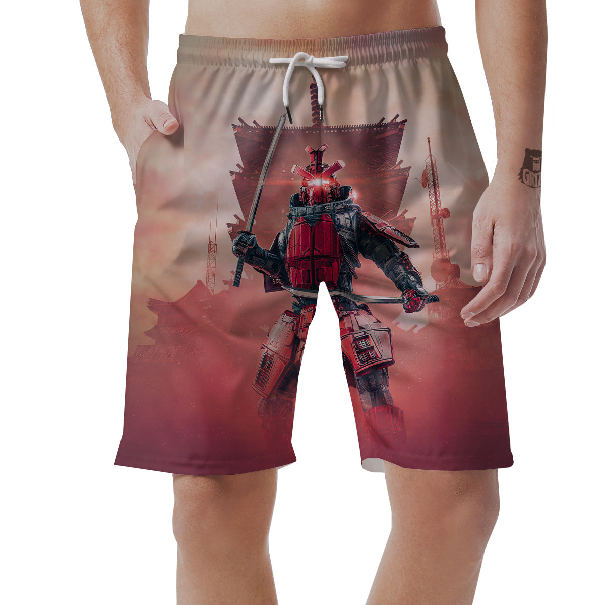 Samurai Robot Print Men's Shorts-grizzshop