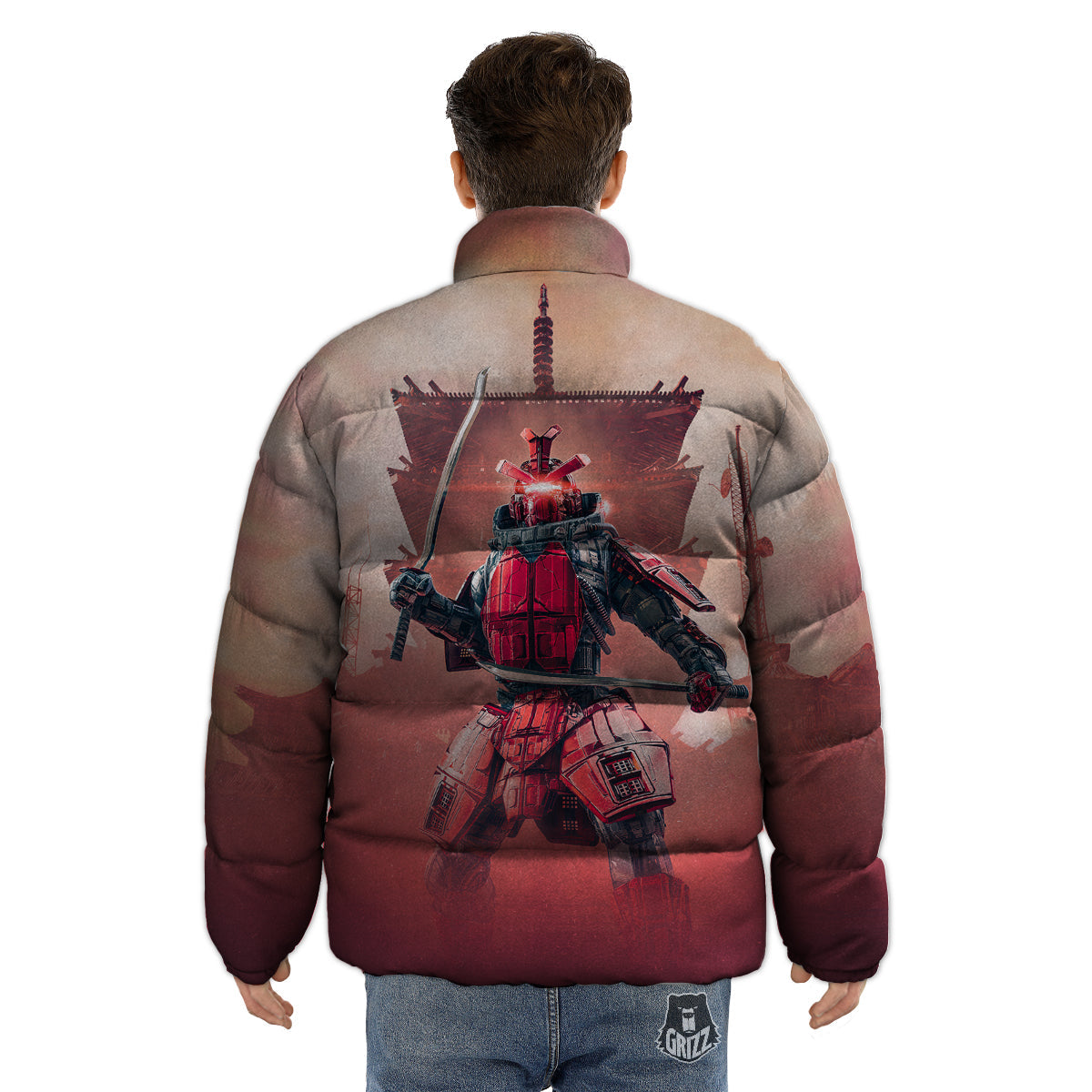 Samurai Robot Print Puffer Jacket-grizzshop