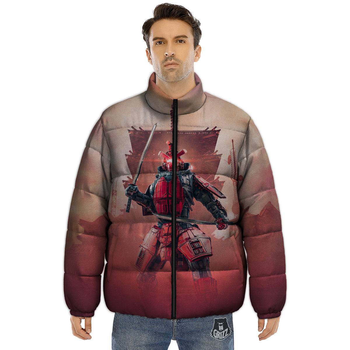 Samurai Robot Print Puffer Jacket-grizzshop