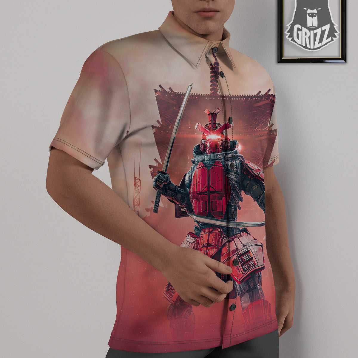 Samurai Robot Print Untucked Shirts-grizzshop