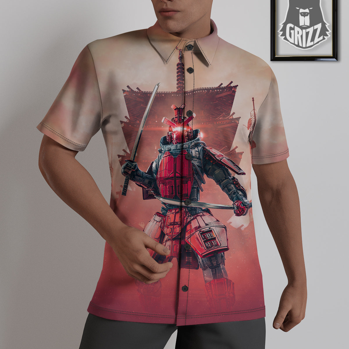 Samurai Robot Print Untucked Shirts-grizzshop