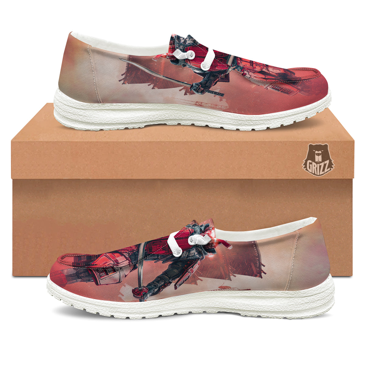 Samurai Robot Print White Loafers-grizzshop