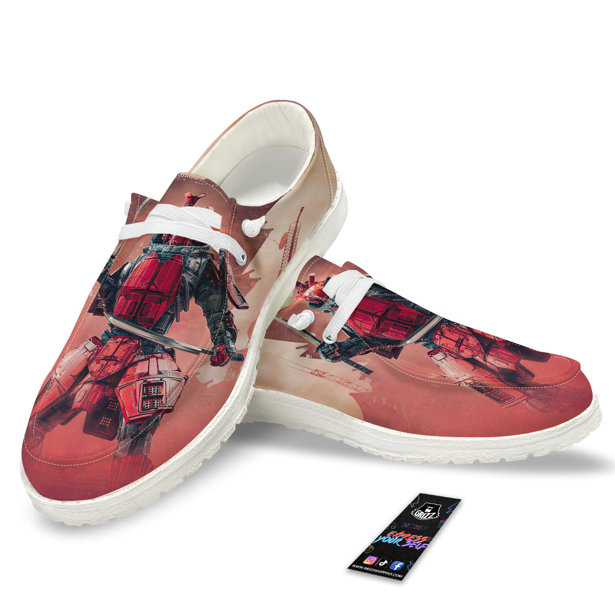 Samurai Robot Print White Loafers-grizzshop